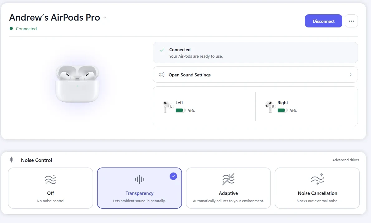 KikuTune on Windows showing an AirPods Pro device page with separate battery levels for the left earbud, the right earbud and the case.