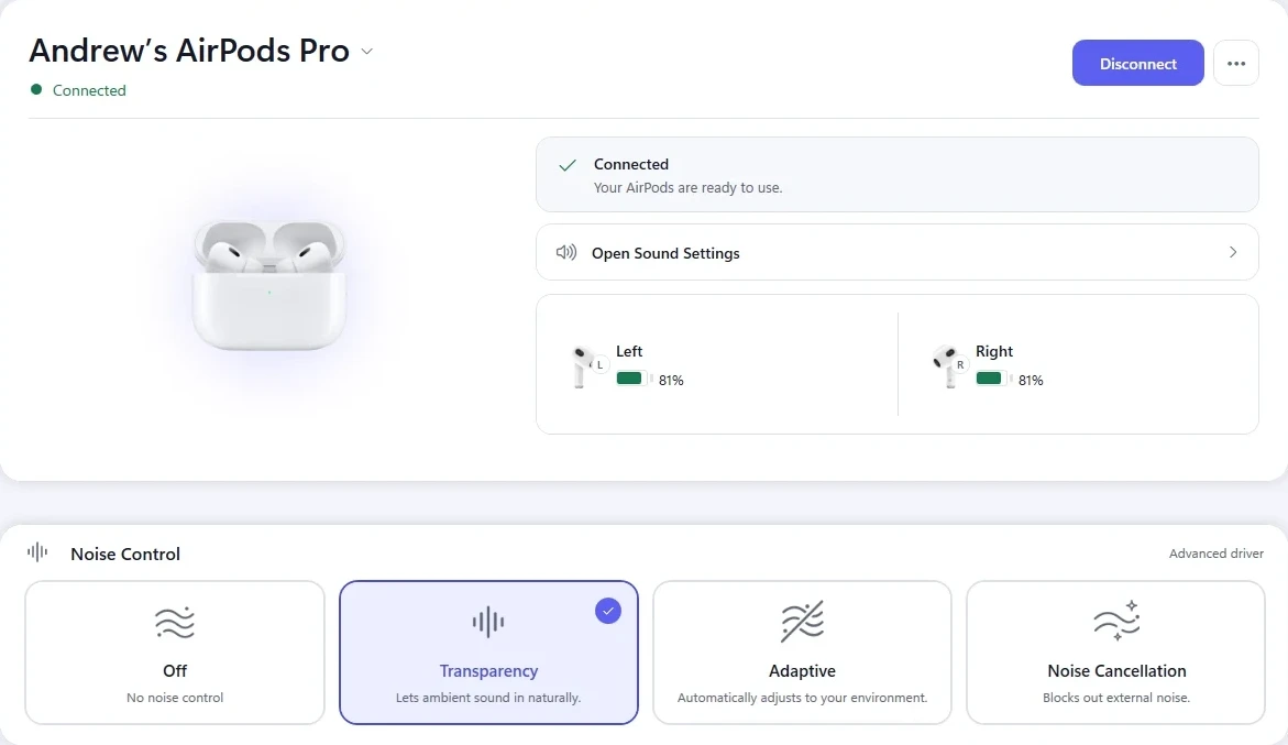 KikuTune on Windows: AirPods Pro connected, left and right battery at 81 percent, and Transparency selected among the four noise control modes.